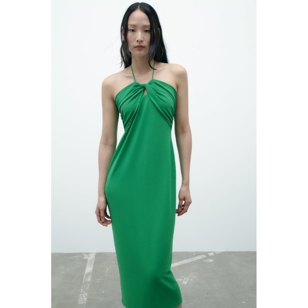 NEW ZARA Women's MIDI HALTER GREEN DRESS Size M